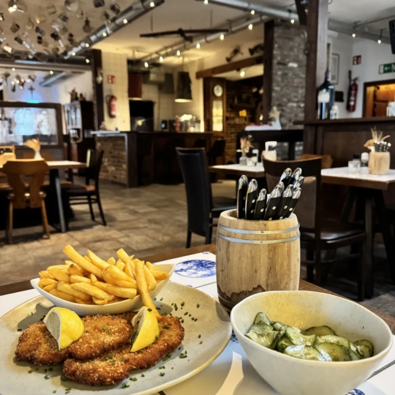 Schnitzel und Pommes mit Salat im ÄU's Gasthaus